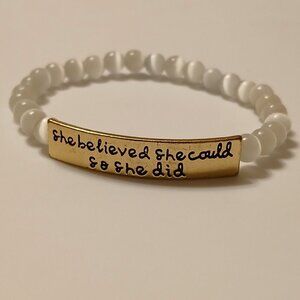 So She Did Gold Tone White Beaded Elegant Inspiring Statement Stretch Bracelet